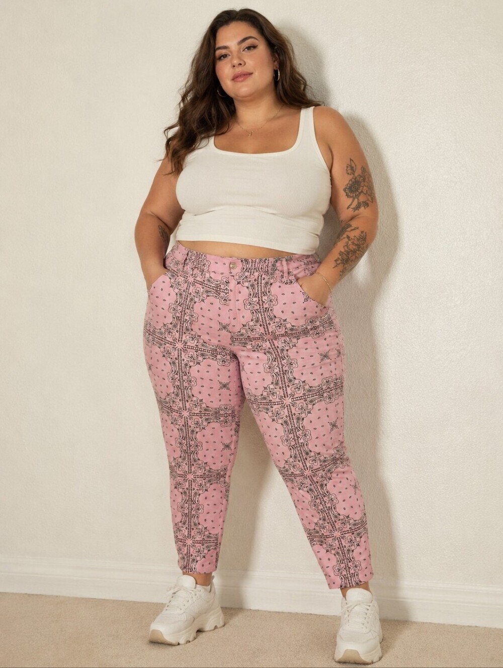 Thrill Jeans Pink Bandana Paisley Print Ankle Pants, Size 2X